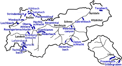 Karte Tirol Canyoning Schluchtenführer